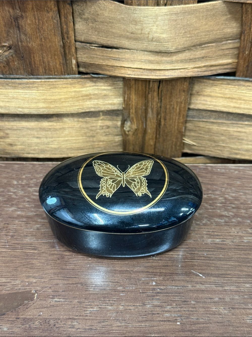 Otagiri Black Oval Trinket Box with Gold Butterfly